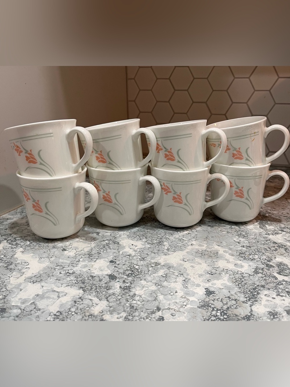 Set of 8 Vtg CORELLE Peach Garland mugs.  EUC floral garden kitchen airB&B retro